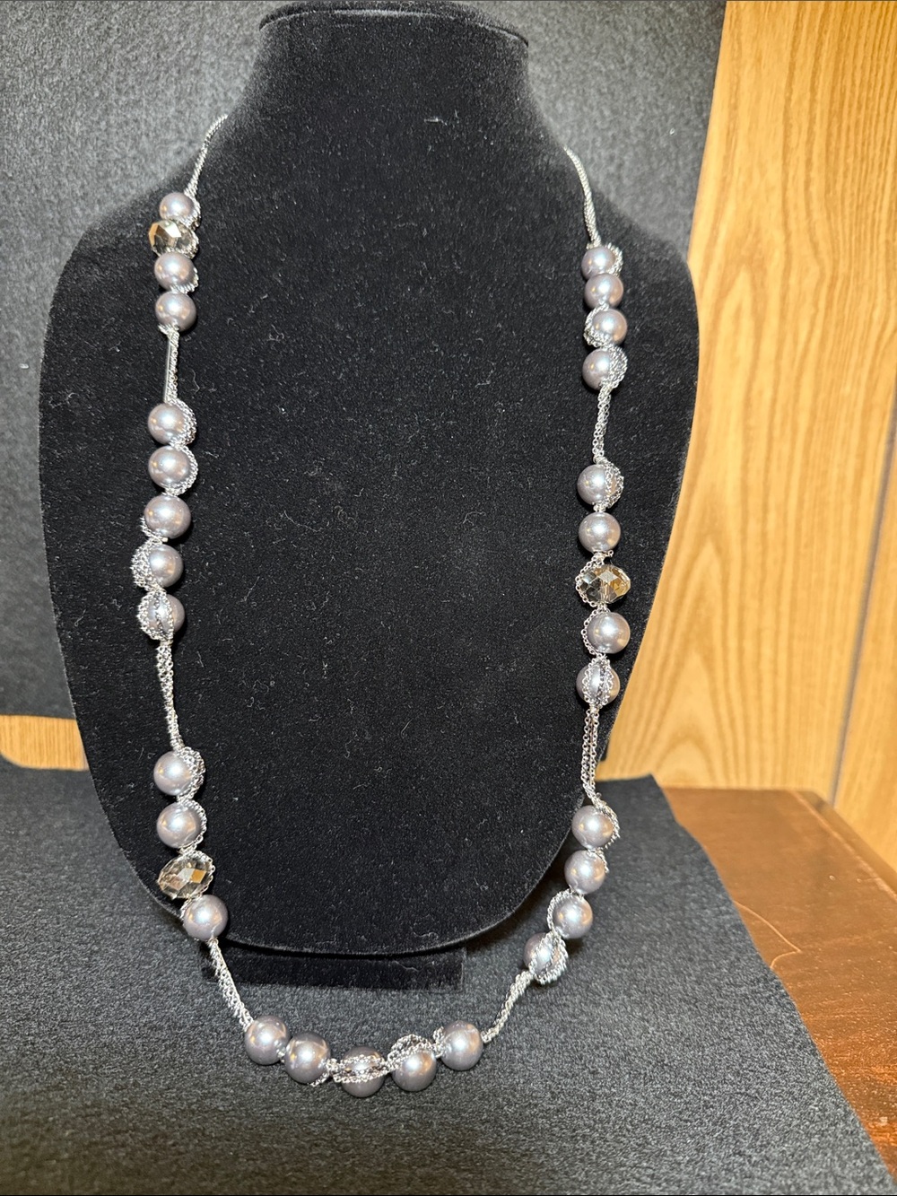 LOFT Silver-Gray Beaded Long Necklace with Crystal Accents